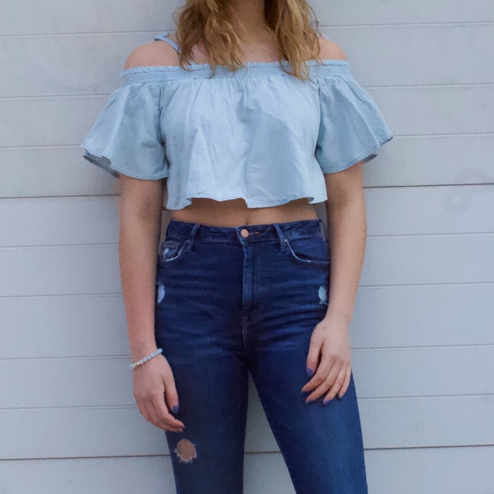 light blue off the shoulder crop top